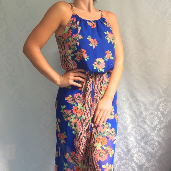 Blue Floral Tropical Halter Maxi Dress - Picture 2 of 7